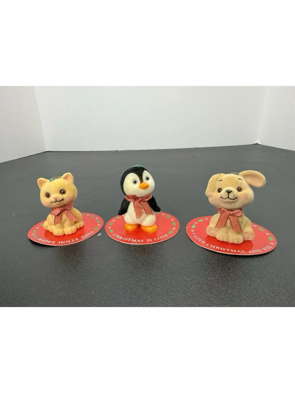 3 Vintage Russ & Berrie Co. Mini Christmas Flocked Figures Dog Penguin Cat